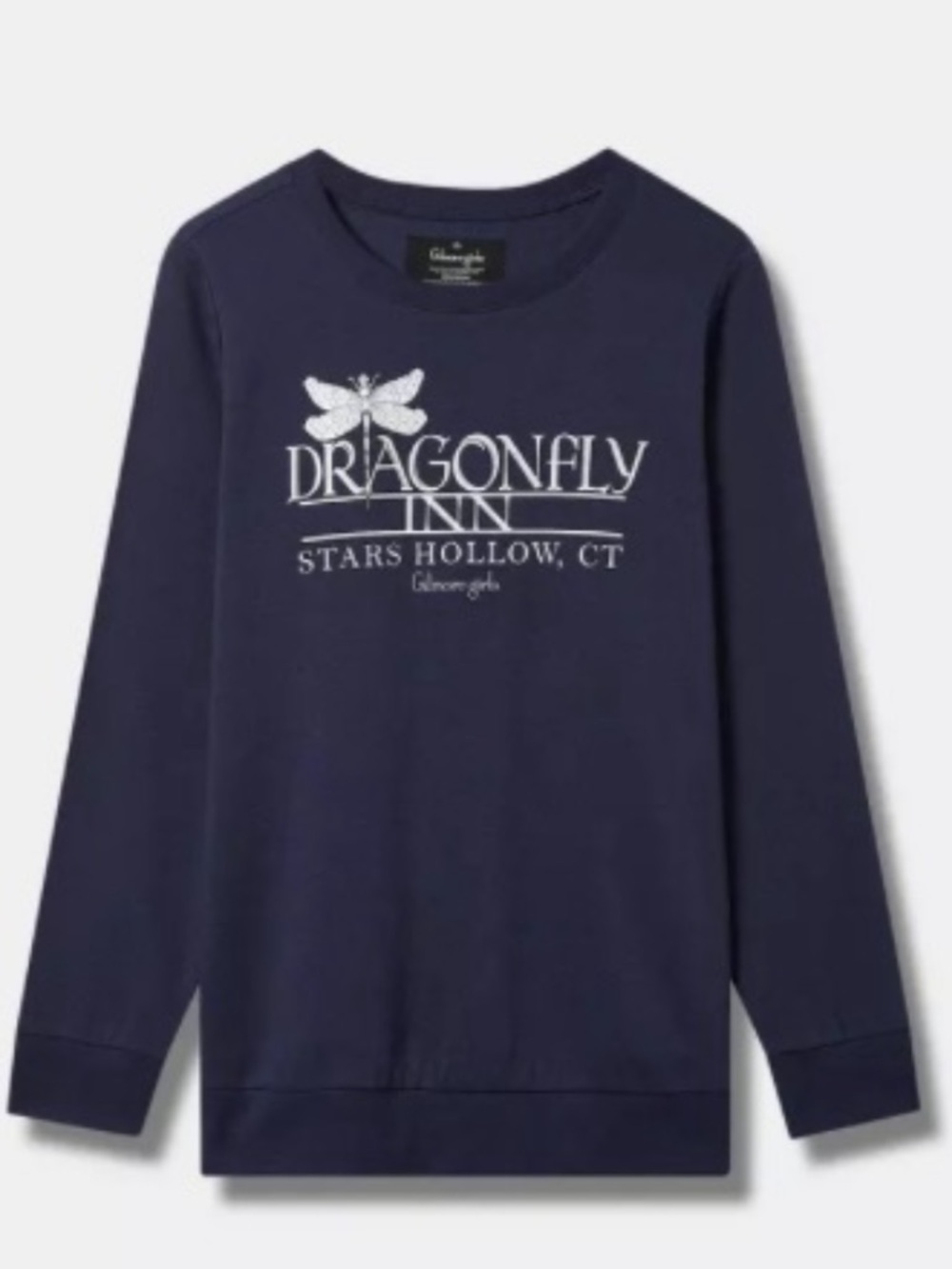 torrid navy sweatshirt with white Dragonfly Inn logo